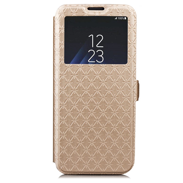 Rhombus Pattern View Window Leather Stand Phone Case for Samsung Galaxy S9 G960 - Gold-2