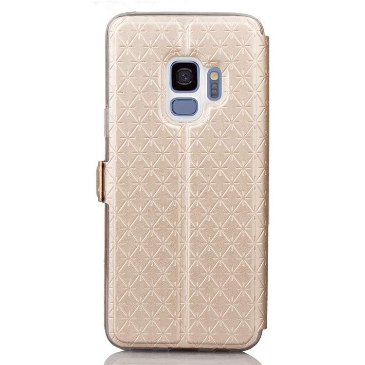 Rhombus Pattern View Window Leather Stand Phone Case for Samsung Galaxy S9 G960 - Gold-3