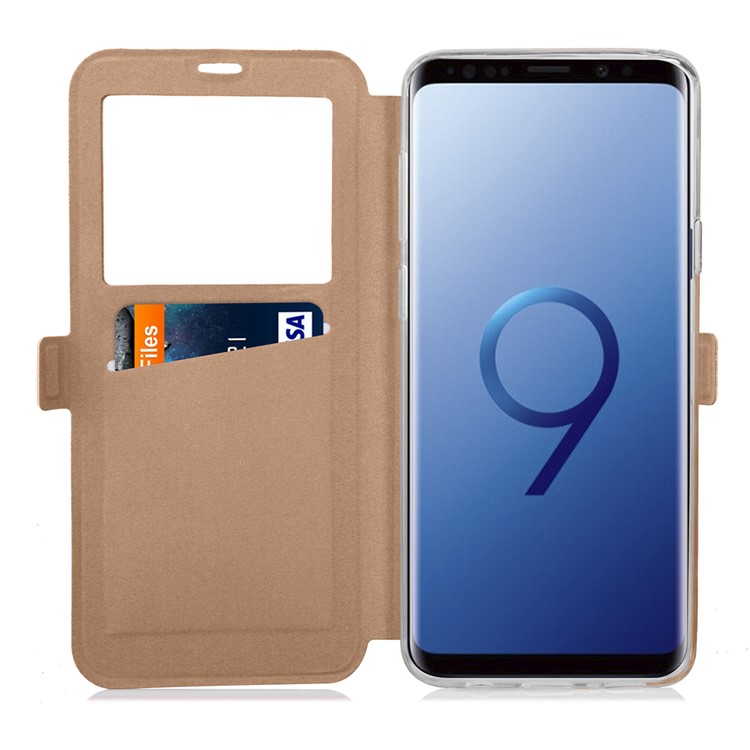Rhombus Pattern View Window Leather Stand Phone Case for Samsung Galaxy S9 G960 - Gold-5