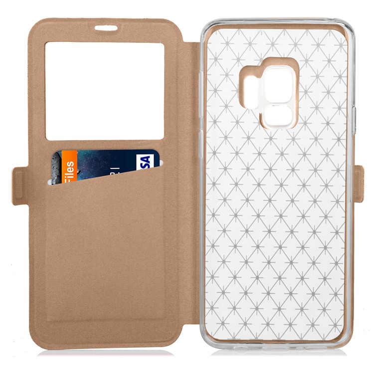 Rhombus Pattern View Window Leather Stand Phone Case for Samsung Galaxy S9 G960 - Gold-6