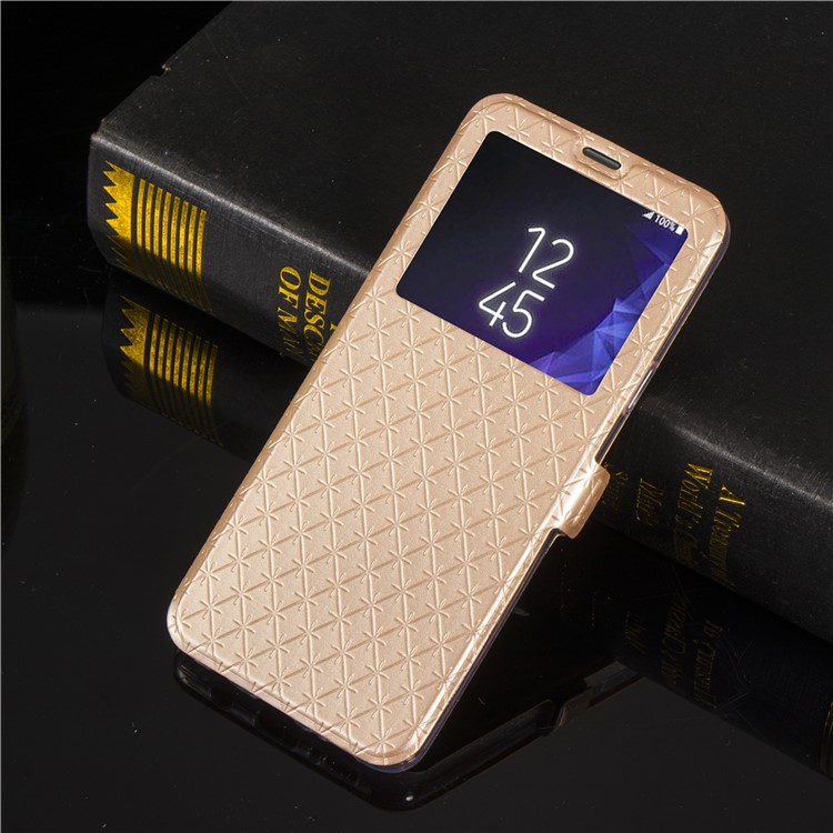 Rhombus Pattern View Window Leather Stand Phone Case for Samsung Galaxy S9 G960 - Gold-9