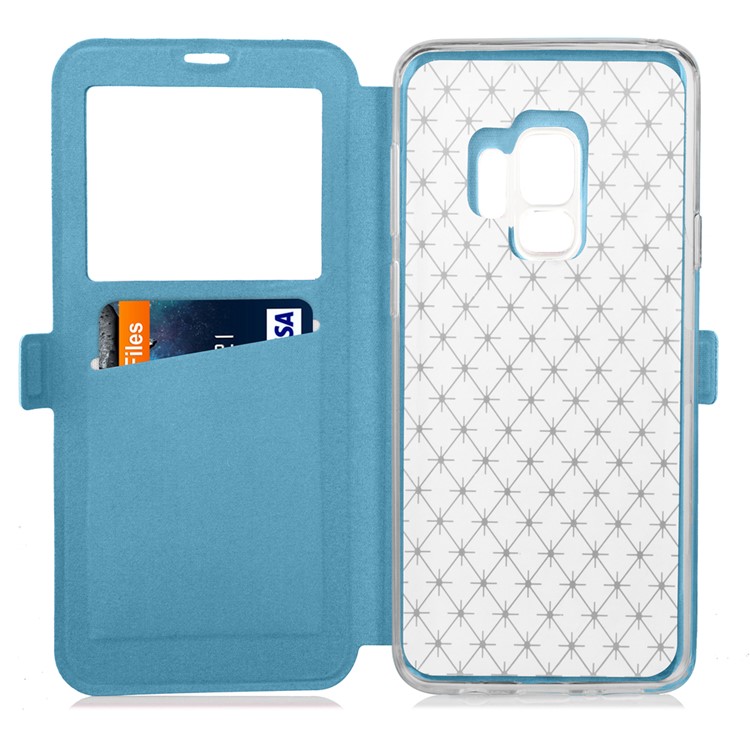 Rhombus Pattern View Window Leather Mobile Cover Case for Samsung Galaxy S9 G960 - Blue-5