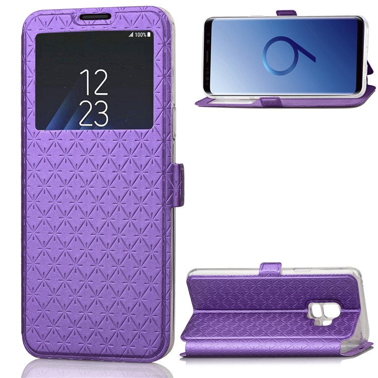 

Rhombus Pattern View Window Leather Cellphone Cover Shell for Samsung Galaxy S9 G960 - Purple