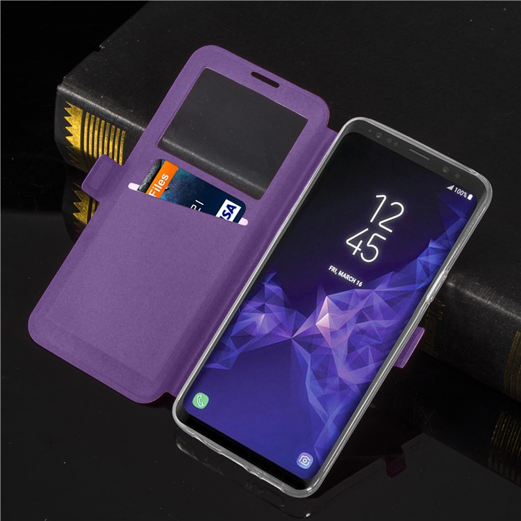 Rhombus Pattern View Window Leather Cellphone Cover Shell for Samsung Galaxy S9 G960 - Purple-10