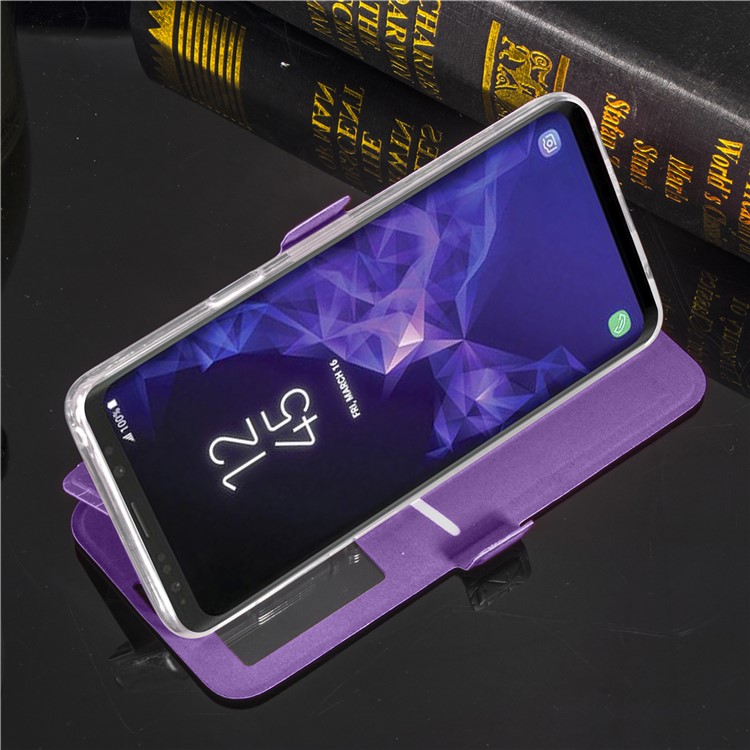 Rhombus Pattern View Window Leather Cellphone Cover Shell for Samsung Galaxy S9 G960 - Purple-11