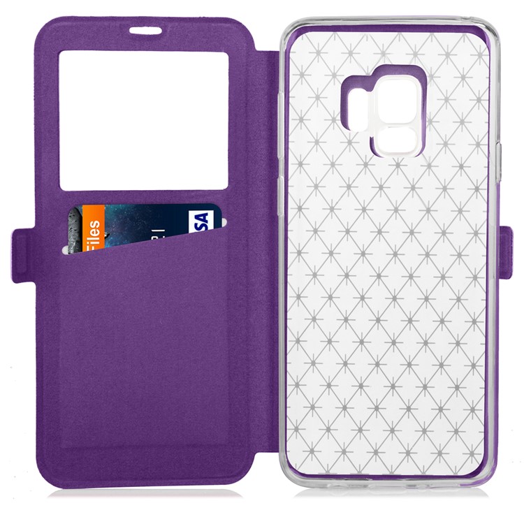Rhombus Pattern View Window Leather Cellphone Cover Shell for Samsung Galaxy S9 G960 - Purple-5