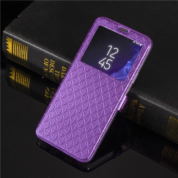 Rhombus Pattern View Window Leather Cellphone Cover Shell for Samsung Galaxy S9 G960 - Purple-8