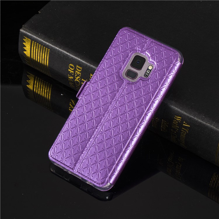 Rhombus Pattern View Window Leather Cellphone Cover Shell for Samsung Galaxy S9 G960 - Purple-9