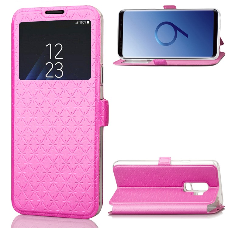 Imprint Rhombus Texture View Window Leather Card Slot Cover for Samsung Galaxy S9 Plus SM-G965 - Rose-1