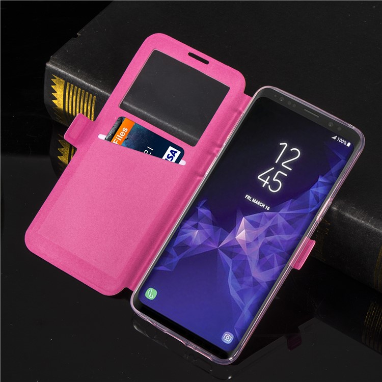 Imprint Rhombus Texture View Window Leather Card Slot Cover for Samsung Galaxy S9 Plus SM-G965 - Rose-10