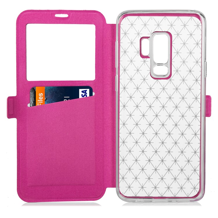 Imprint Rhombus Texture View Window Leather Card Slot Cover for Samsung Galaxy S9 Plus SM-G965 - Rose-5