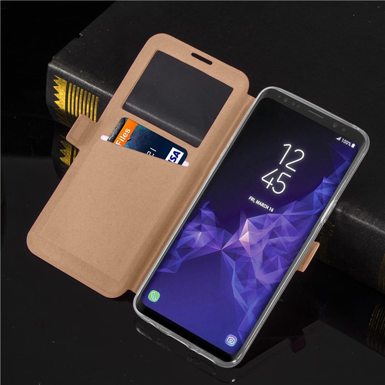 Imprint Rhombus Texture View Window Leather Card Slot Casing for Samsung Galaxy S9 Plus SM-G965 - Gold-11