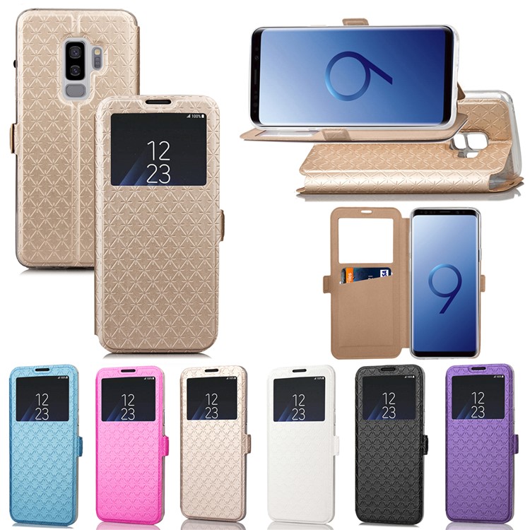 Imprint Rhombus Texture View Window Leather Card Slot Casing for Samsung Galaxy S9 Plus SM-G965 - Gold-13