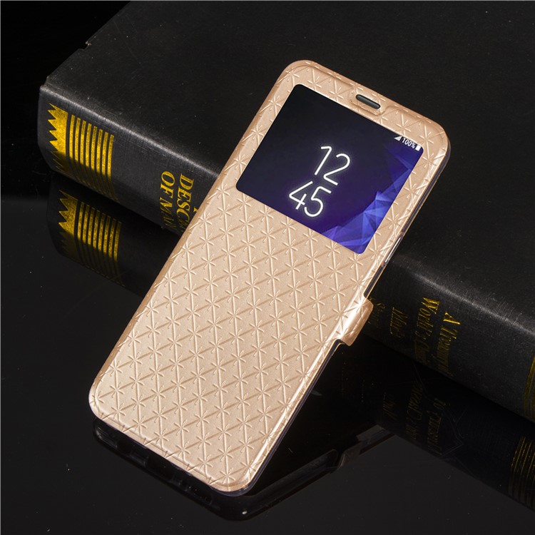 Imprint Rhombus Texture View Window Leather Card Slot Casing for Samsung Galaxy S9 Plus SM-G965 - Gold-9