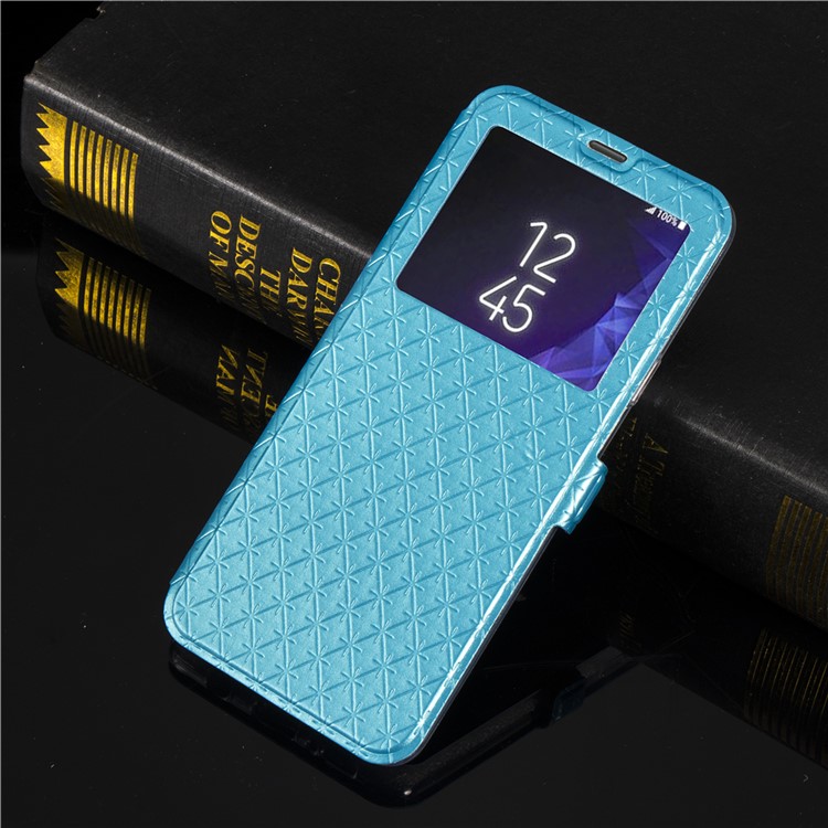Imprint Rhombus Texture View Window Leather Card Slot Mobile Phone Case for Samsung Galaxy S9 Plus SM-G965 - Blue-8