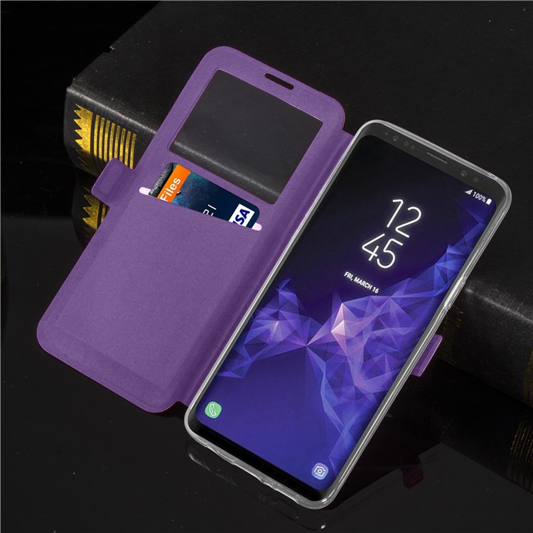 Imprint Rhombus Texture View Window Leather Card Slot Cell Phone Case for Samsung Galaxy S9+ SM-G965 - Purple-10
