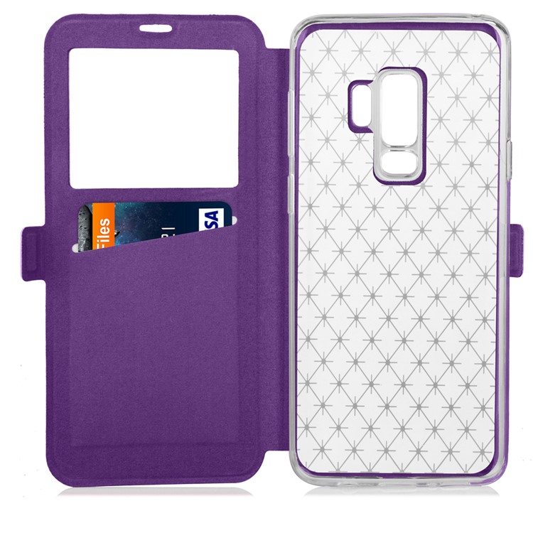 Imprint Rhombus Texture View Window Leather Card Slot Cell Phone Case for Samsung Galaxy S9+ SM-G965 - Purple-5
