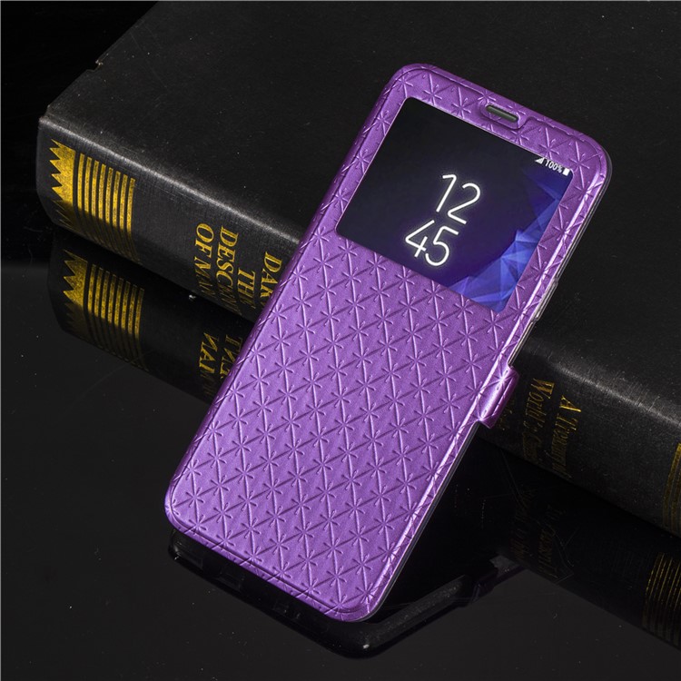 Imprint Rhombus Texture View Window Leather Card Slot Cell Phone Case for Samsung Galaxy S9+ SM-G965 - Purple-8