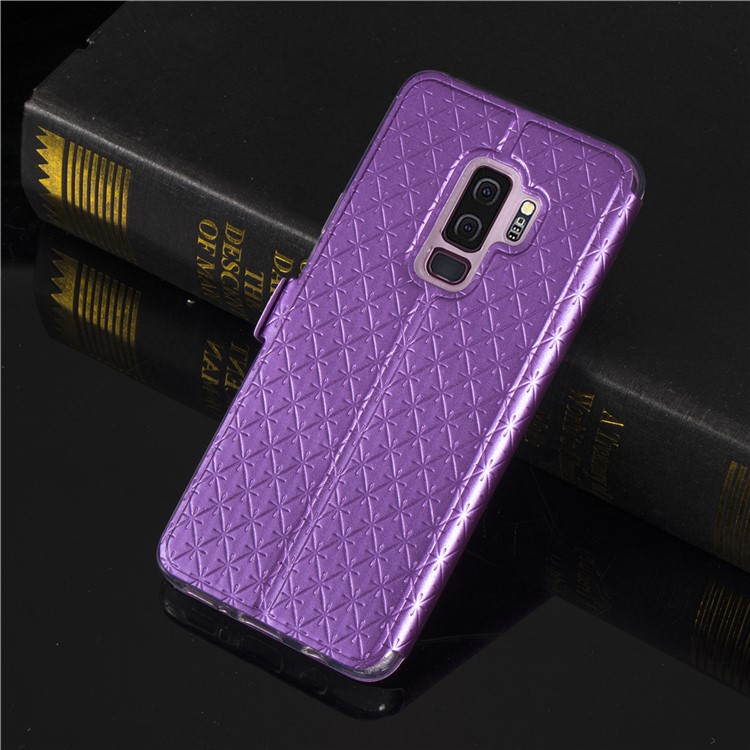 Imprint Rhombus Texture View Window Leather Card Slot Cell Phone Case for Samsung Galaxy S9+ SM-G965 - Purple-9