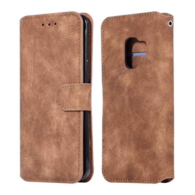 Retro Style Magnetic Leather Stand Cover for Samsung Galaxy S9 SM-G960 - Brown-1
