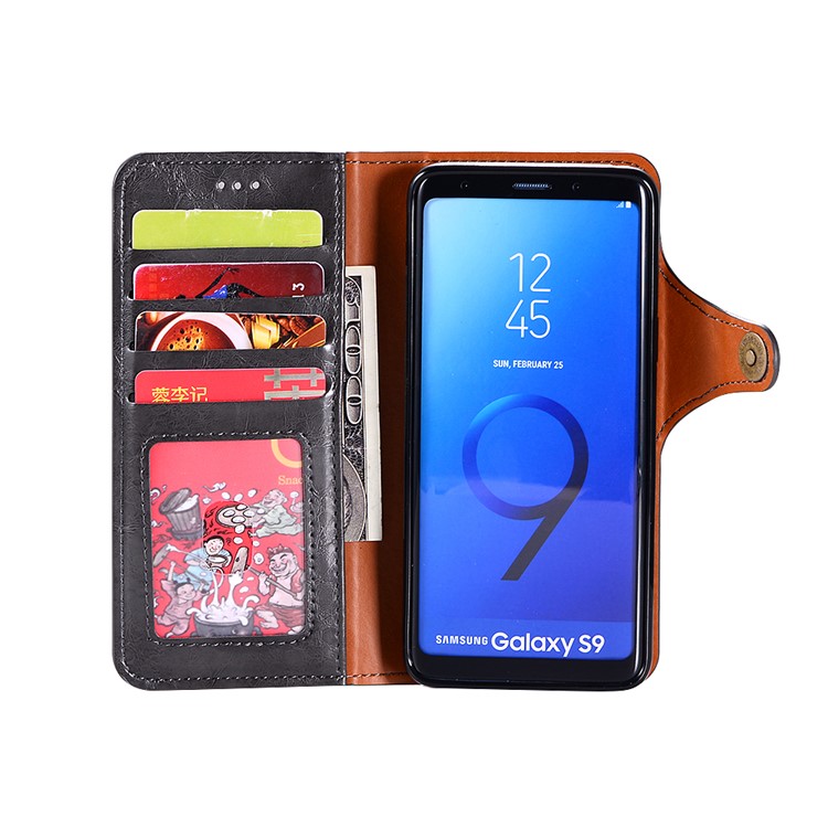 Crazy Horse PU Leather Wallet Cover + Detachable Leather Coated TPU Case for Samsung Galaxy S9 SM-G960 - Black-4