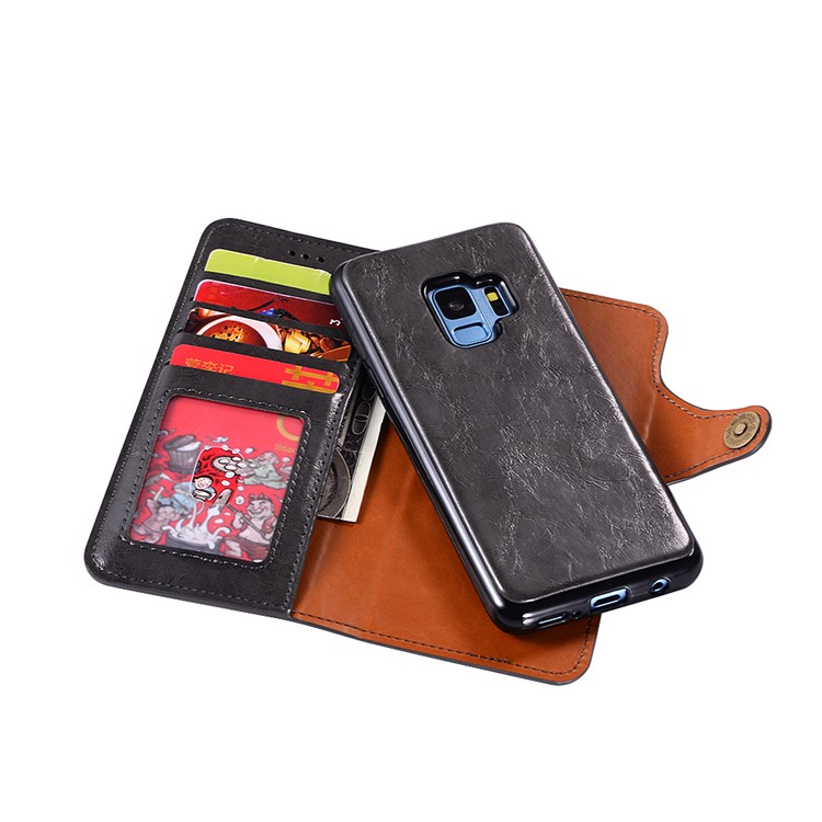 Crazy Horse PU Leather Wallet Cover + Detachable Leather Coated TPU Case for Samsung Galaxy S9 SM-G960 - Black-5