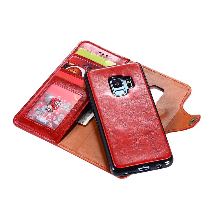 Crazy Horse PU Leather Wallet Cover + Detachable Leather Coated TPU Cover for Samsung Galaxy S9 SM-G960 - Red-4