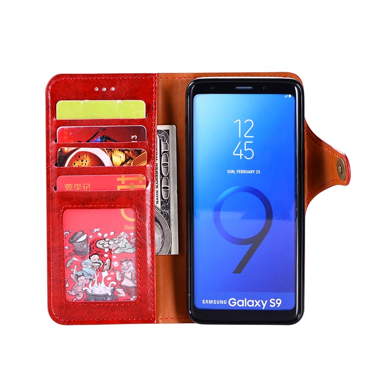 Crazy Horse PU Leather Wallet Cover + Detachable Leather Coated TPU Cover for Samsung Galaxy S9 SM-G960 - Red-5