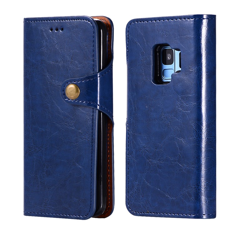 Crazy Horse PU Leather Wallet Cover + Detachable Leather Coated TPU Shell for Samsung Galaxy S9 SM-G960 - Blue-1