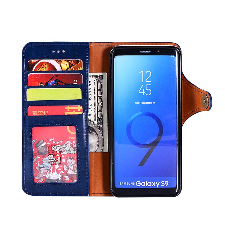 Crazy Horse PU Leather Wallet Cover + Detachable Leather Coated TPU Shell for Samsung Galaxy S9 SM-G960 - Blue-4
