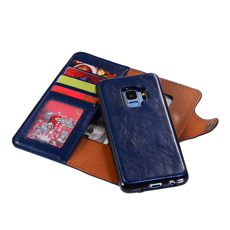 Crazy Horse PU Leather Wallet Cover + Detachable Leather Coated TPU Shell for Samsung Galaxy S9 SM-G960 - Blue-5