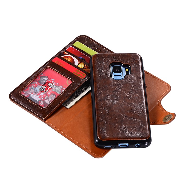 Crazy Horse PU Leather Wallet Cover + Detachable Leather Coated TPU Casing for Samsung Galaxy S9 SM-G960 - Brown-4