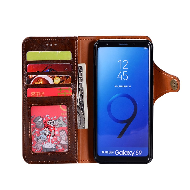 Crazy Horse PU Leather Wallet Cover + Detachable Leather Coated TPU Casing for Samsung Galaxy S9 SM-G960 - Brown-5