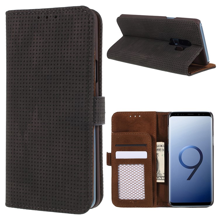 Mesh Pattern Retro Leather Wallet Stand Casing for Samsung Galaxy S9 Plus SM-G965 - Black-1