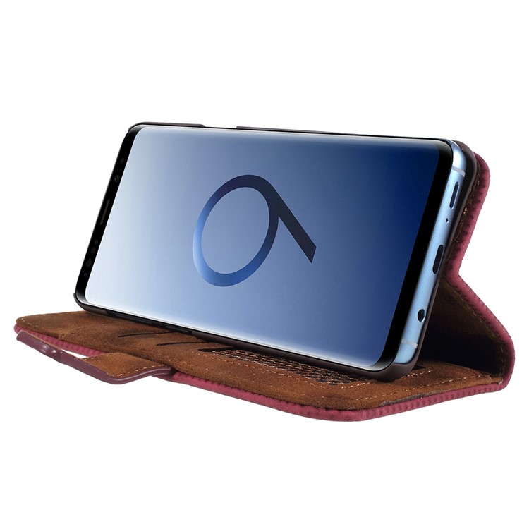 Mesh Pattern Retro Leather Wallet Stand Case for Samsung Galaxy S9 Plus SM-G965 - Red-4