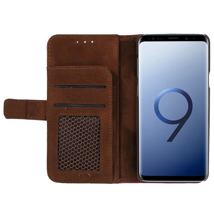 Mesh Pattern Retro Leather Wallet Stand Case for Samsung Galaxy S9 Plus SM-G965 - Red-6