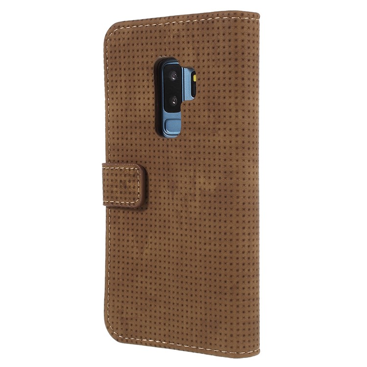 Mesh Pattern Retro Leather Wallet Stand Shell for Samsung Galaxy S9 Plus SM-G965 - Brown-3
