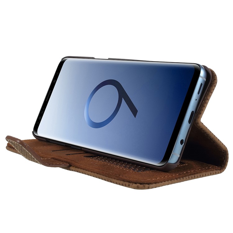 Mesh Pattern Retro Leather Wallet Stand Shell for Samsung Galaxy S9 Plus SM-G965 - Brown-4