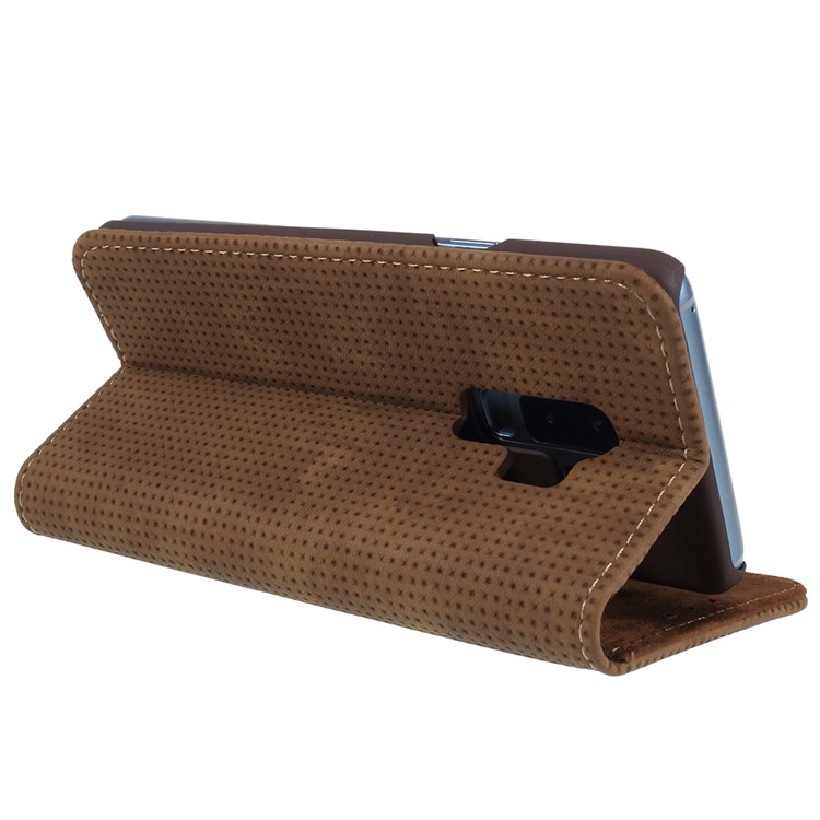 Mesh Pattern Retro Leather Wallet Stand Shell for Samsung Galaxy S9 Plus SM-G965 - Brown-5