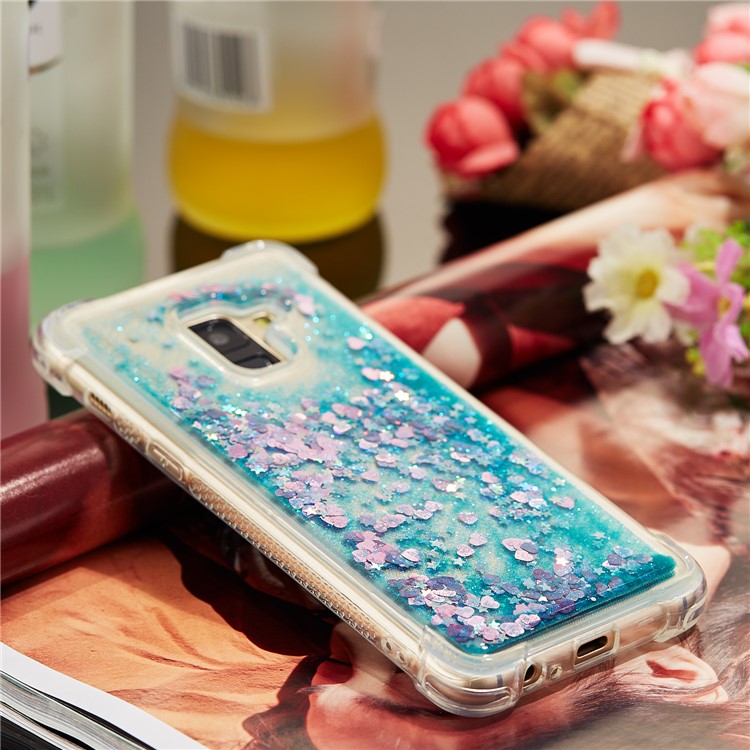 Dynamic Liquid Glitter Powder Heart Shaped Sequins Shockproof TPU Phone Casing for Samsung Galaxy A8 (2018) - Cyan-8