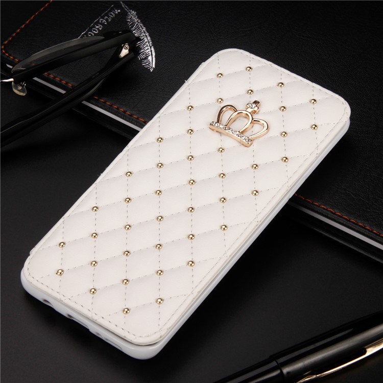 Crown Grid Pattern Flip Leather Card Holder Phone Casing for Samsung Galaxy S9 Plus SM-G965 - White-1