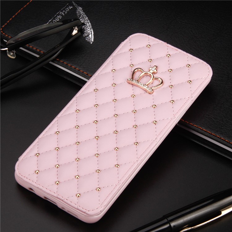 Crown Grid Pattern Flip Leather Stand Mobile Shell for Samsung Galaxy S9 Plus SM-G965 - Pink-1