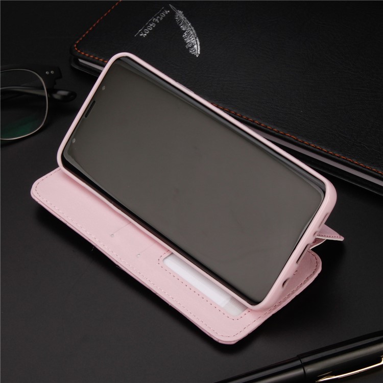 Crown Grid Pattern Flip Leather Stand Mobile Shell for Samsung Galaxy S9 Plus SM-G965 - Pink-4