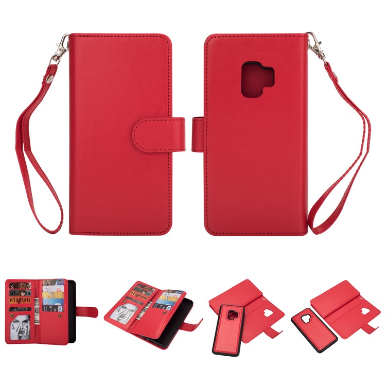 9 Card Slots Leather Wallet Cover + Detachable PU Leather Coated PC Case for Samsung Galaxy S9 SM-G960 - Red-1
