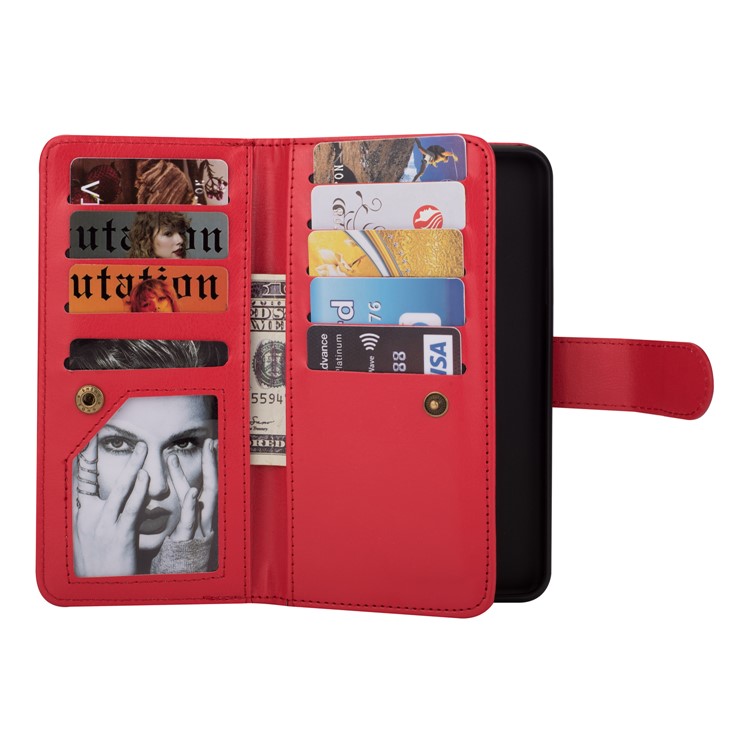 9 Card Slots Leather Wallet Cover + Detachable PU Leather Coated PC Case for Samsung Galaxy S9 SM-G960 - Red-4