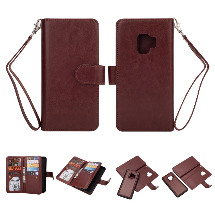 Detachable 9 Card Slots Leather Wallet Mobile Phone Shell for Samsung Galaxy S9 SM-G960 - Brown-1