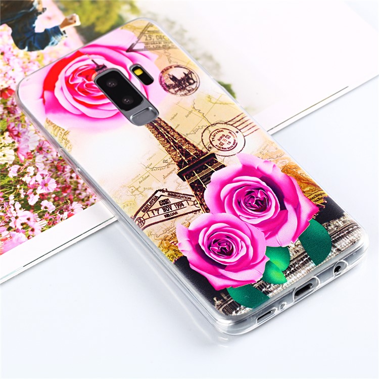 Pattern Printing Soft TPU Back Cover for Samsung Galaxy S9 Plus SM-G965 - Eiffel Tower and Roses-1