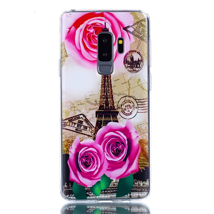 Pattern Printing Soft TPU Back Cover for Samsung Galaxy S9 Plus SM-G965 - Eiffel Tower and Roses-2