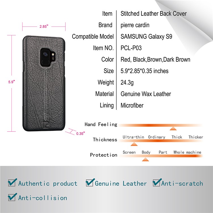 PIERRE CARDIN Stitched Genuine Leather Coated PC Back Case for Samsung Galaxy S9 G960 - Black-7