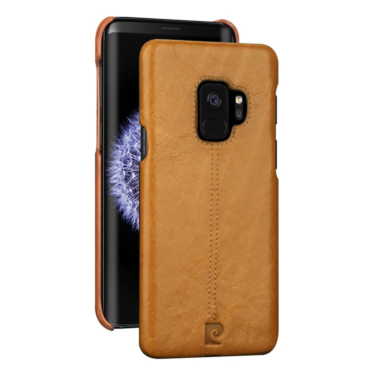 PIERRE CARDIN Stitched Genuine Leather Coated PC Phone Case for Samsung Galaxy S9 G960 - Brown-1
